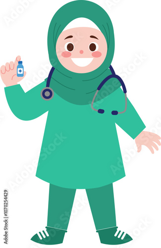 Muslim Female Doctor Holding Medicine Bottle  Healthcare Worker  Medical Illustration
