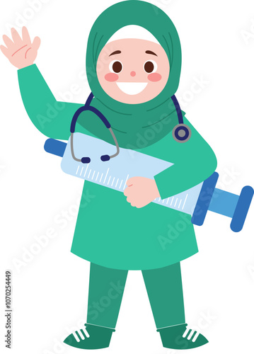 Muslim Female Doctor Character Holding Syringe and Stethoscope