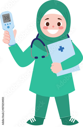 Muslim Female Doctor Holding Thermometer and Medical Chart
