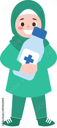 Muslim Woman Holding Hand Sanitizer   Hygiene  Health  Safety  Cartoon Illustration