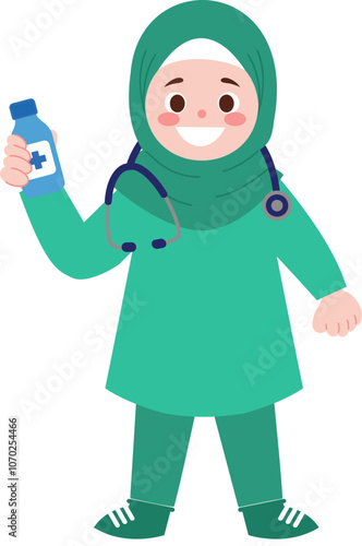 Smiling Muslim Doctor Holding Medicine Bottle  Healthcare Illustration