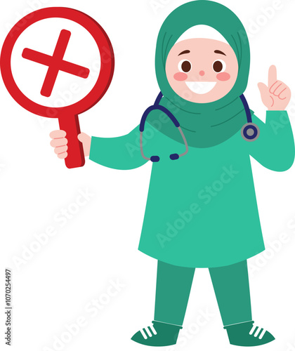 Muslim Female Doctor Holding Stop Sign  Healthcare Professional  Medical Illustration