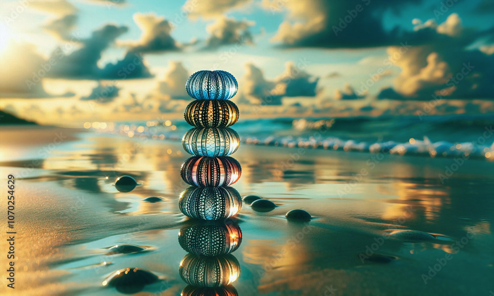 Obraz premium Farbige Seeigelgehäuse an einem Strand in der Sonne mit Reflektionen im nassen Sand