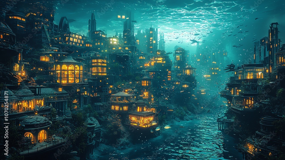 Underwater cityscape with glowing windows, futuristic vibe, 3D illustration Underwater cityscape with glowing windows, futuristic vibe, 3D illustration