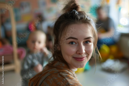 Generative AI Image of Nanny in Nursery Room Creating Warm Learning Environment for Children