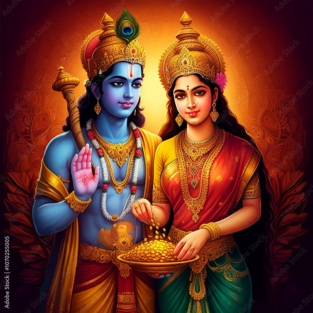 Fototapeta premium Lord Krishna and Radha in vibrant attire, symbolizing eternal love and devotion in Hindu mythology