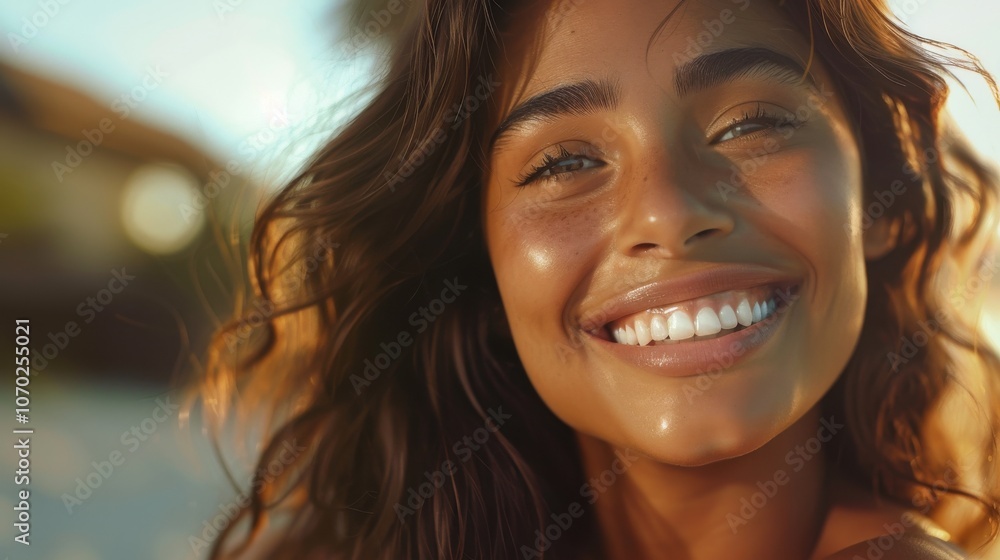 A young woman with radiant skin smiles brightly at sunset on a beach, capturing a moment of joy and warmth during a relaxed evening outdoors A young woman with radiant skin smiles brightly at sunset on a beach, capturing a moment of joy and warmth during a relaxed evening outdoors