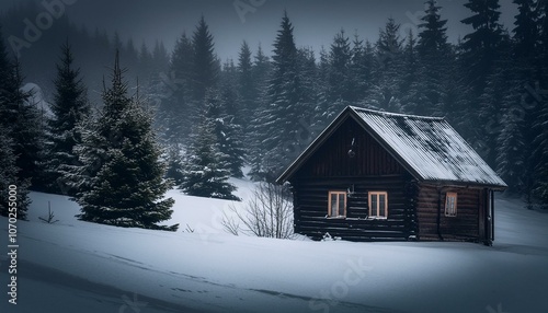 Mystery cabin in the dark snow woods monochrome image photo