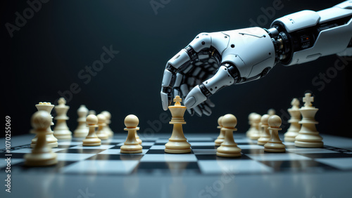 Robot hand interacting with chess pieces on a board against a dark background. photo