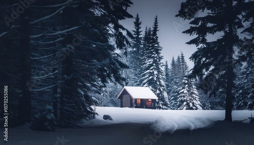 Mystery cabin in the dark snow woods monochrome image photo