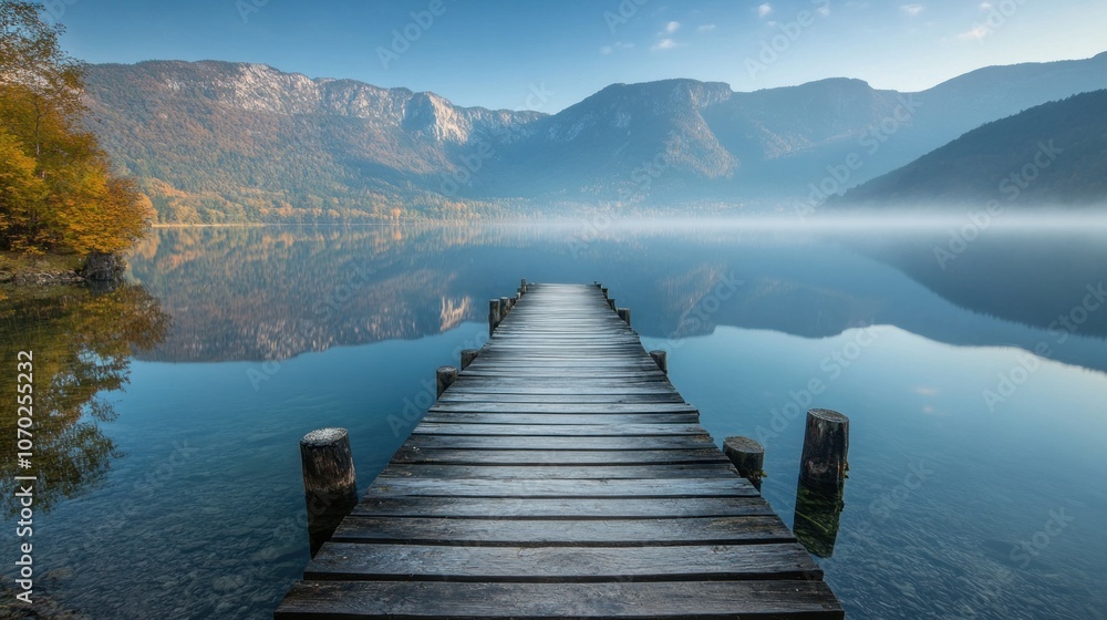 Serene Mountain Lake with Wooden Dock Serene Mountain Lake with Wooden Dock