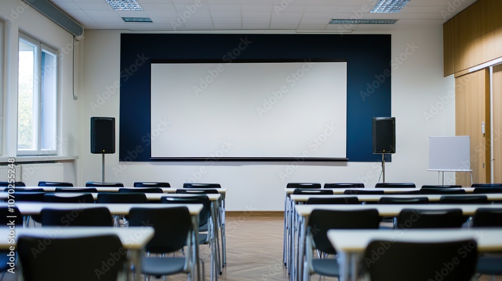 Empty lecture hall with white projection screen and rows of chai Empty lecture hall with white projection screen and rows of chai