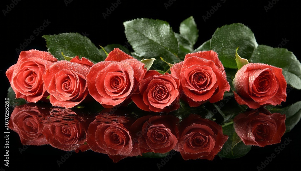 Obraz premium Fresh red roses with droplets reflecting on a dark surface in a serene arrangement