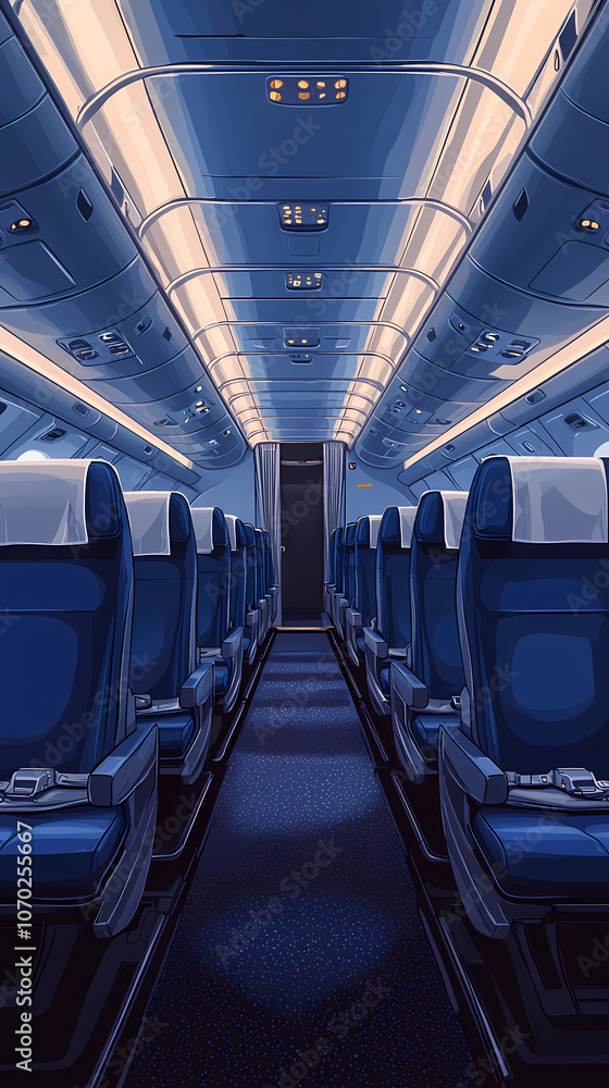 Fototapeta premium Airplane cabin, front view, blue seats with white turban pieces, dark blue carpet, bright and warm, flat illustration, flat colors. The overall tone of the picture is warm white.