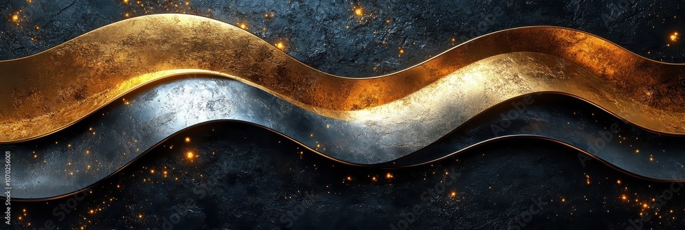 Elegant metallic wavy lines in gold and silver, striking high contrast against a dark background, sophisticated visual appeal Elegant metallic wavy lines in gold and silver, striking high contrast against a dark background, sophisticated visual appeal