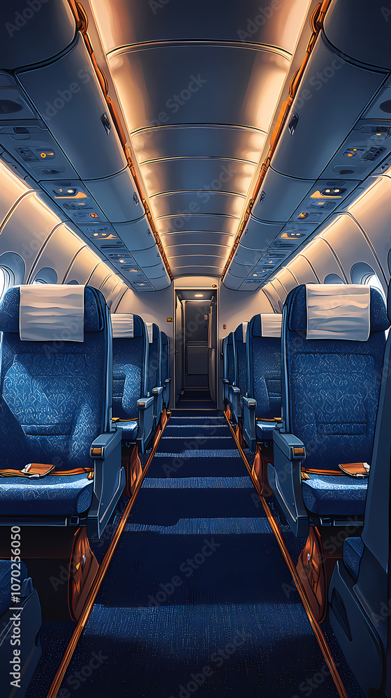 Fototapeta premium Airplane cabin, front view, blue seats with white turban pieces, dark blue carpet, bright and warm, flat illustration, flat colors. The overall tone of the picture is warm white.