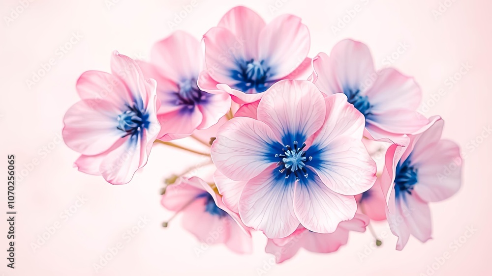 Delicate Pink Flowers with Blue Centers on a Soft Pink Background Delicate Pink Flowers with Blue Centers on a Soft Pink Background