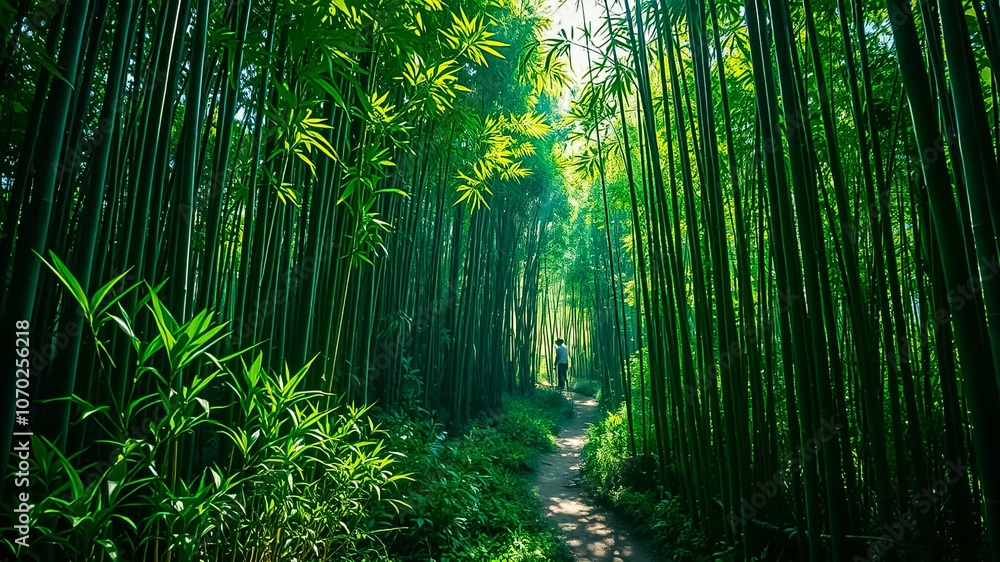 Obraz premium Sunlight filtering through a dense bamboo grove creates a path leading into the heart of the forest.