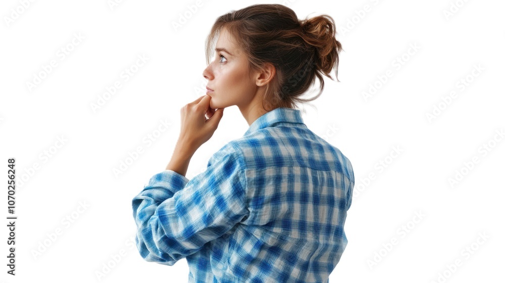 In a calm moment, young woman stylishly dressed in light blue ponders thoughtfully, resting her chin on her hand on a white background with copy space In a calm moment, young woman stylishly dressed in light blue ponders thoughtfully, resting her chin on her hand on a white background with copy space