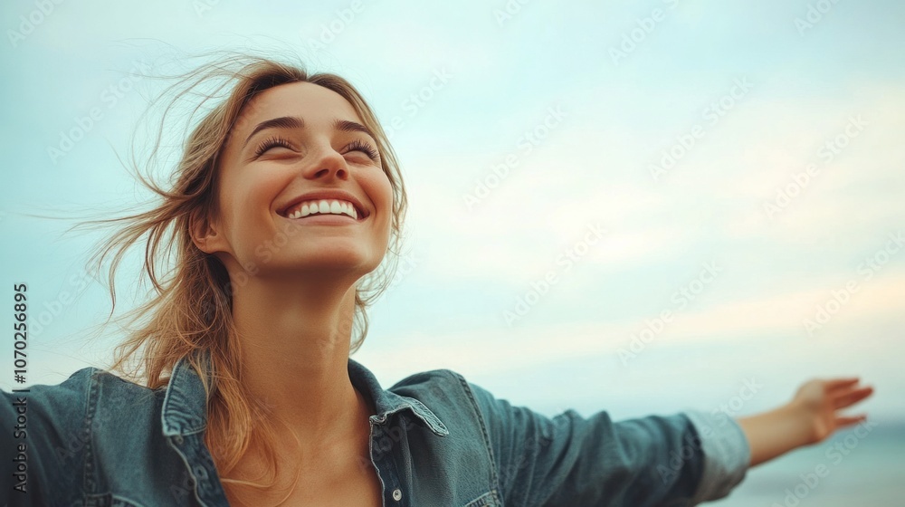 Happy woman standing with arms outstretched and smiling widely enjoying ocean breeze on light background with copy space Happy woman standing with arms outstretched and smiling widely enjoying ocean breeze on light background with copy space