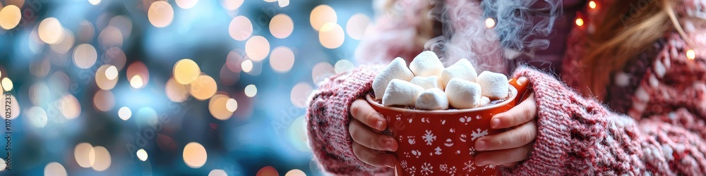 Close-up of cocoa with marshmallows in hands. Selective focus Close-up of cocoa with marshmallows in hands. Selective focus