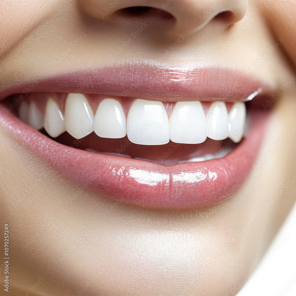 Close-up of a smiling woman's mouth showcasing white teeth and natural lips. Close-up of a smiling woman's mouth showcasing white teeth and natural lips.