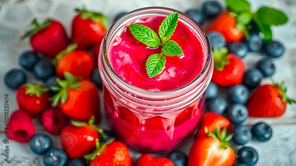 A mason jar filled with a bright pink smoothie topped with fresh mint, surrounded by fresh berries. A mason jar filled with a bright pink smoothie topped with fresh mint, surrounded by fresh berries.