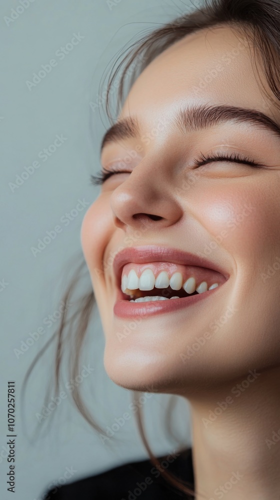 Obraz premium Portrait of a smiling woman with joyful expression, soft lighting.