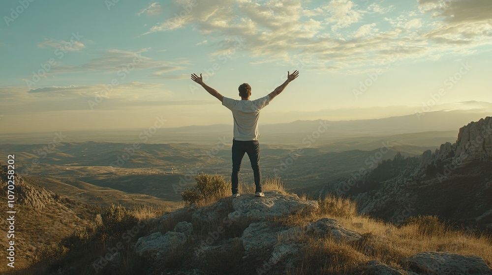 A silhouette of a man standing on a peak overlooking vast mountains under a vibrant sunrise. A silhouette of a man standing on a peak overlooking vast mountains under a vibrant sunrise.