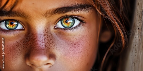 A close-up portrait of a young child with strikingly vibrant blue eyes and freckles, capturing a moment filled with curiosity and wonder photo