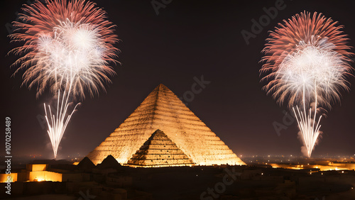 Fireworks bursting over the ancient pyramids of egypt at midnight on new years evening, Ai Generated