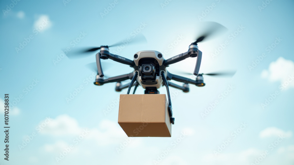 Drone carrying a package with a cloud-like background. Drone carrying a package with a cloud-like background.