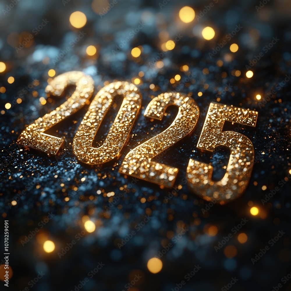 2025 Happy New Year. Top view of gold numbers on glitter background. Copy space, flat lay. 2025 Happy New Year. Top view of gold numbers on glitter background. Copy space, flat lay.