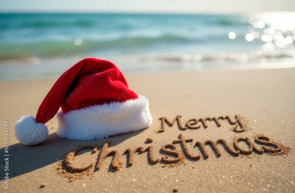 Merry Christmas written on sand with Santa hat at beach Merry Christmas written on sand with Santa hat at beach