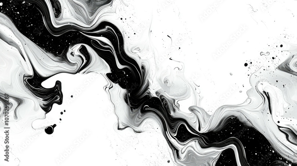 Obraz premium Abstract black and white liquid marble texture with swirls and splashes.