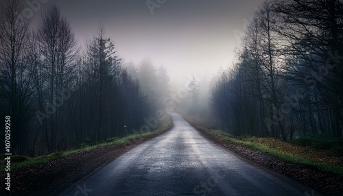 Long foggy mystery road in the dark woods