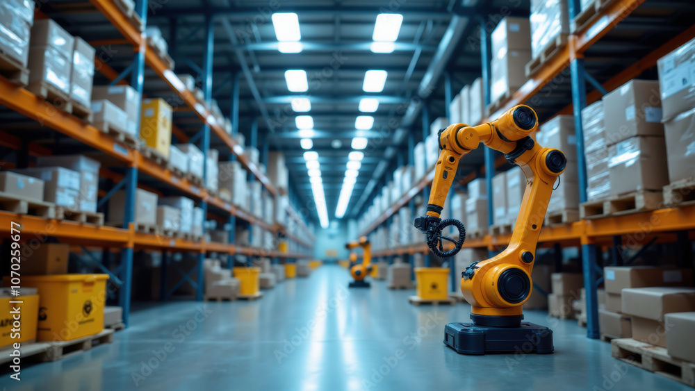 Automated warehouse with robotic arms. Automated warehouse with robotic arms.