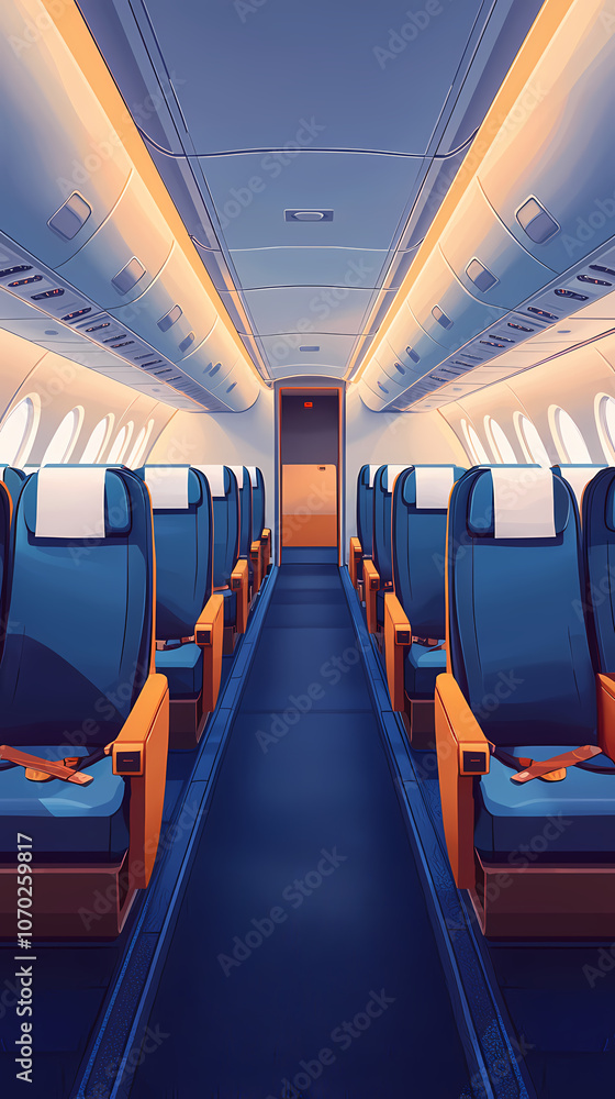 Fototapeta premium Airplane cabin, front view, blue seats with white turban pieces, dark blue carpet, bright and warm, flat illustration, flat colors. The overall tone of the picture is warm white.