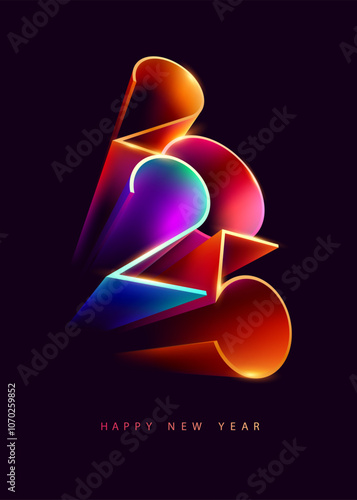 New year 2025. Colored 3D lettering design. Festive greeting card template.