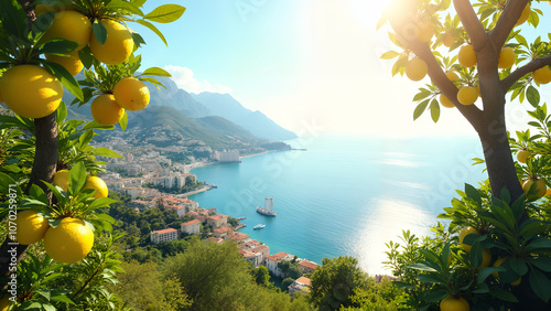 A Stunning Realistic Art Print of Sorrento with Lush Lemon Trees and Scenic Coastal Views