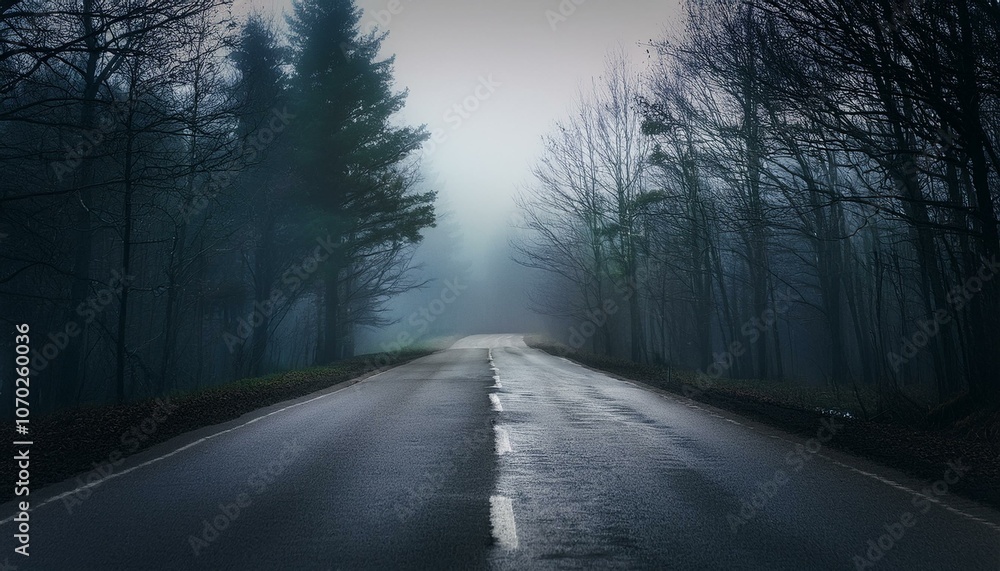 Long foggy mystery road in the dark woods Long foggy mystery road in the dark woods