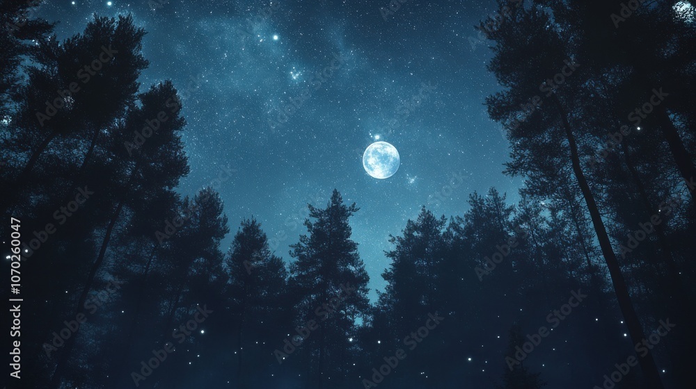 Dreamy night sky with shimmering stars and a moonlit forest Dreamy night sky with shimmering stars and a moonlit forest