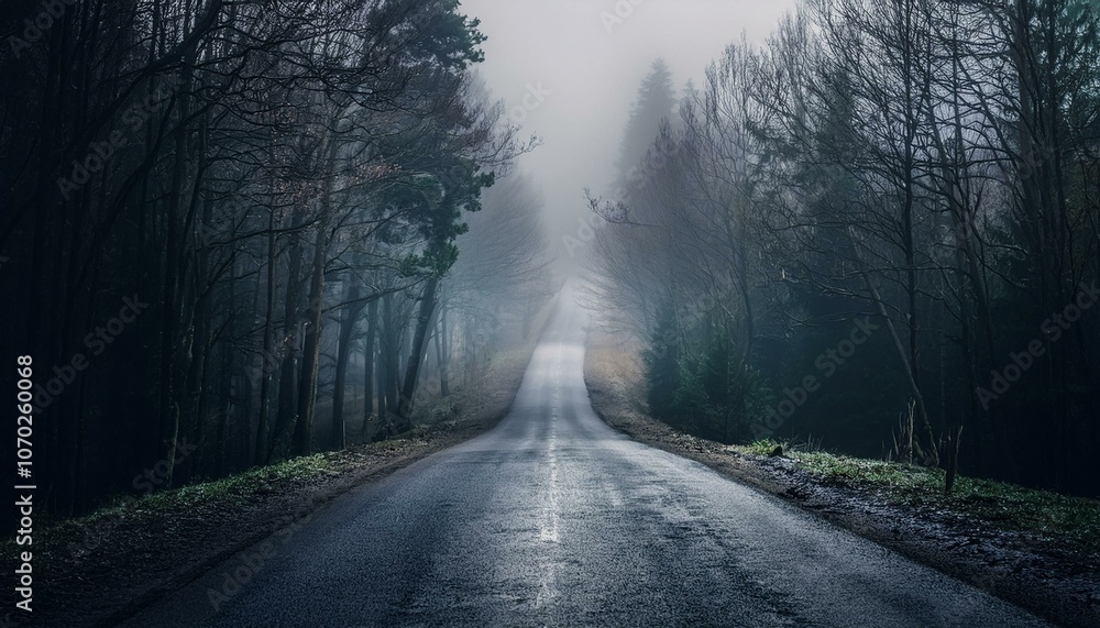 Long foggy mystery road in the dark woods Long foggy mystery road in the dark woods