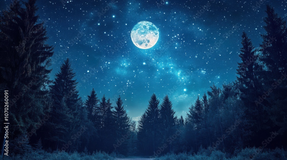 Naklejka premium Dreamy night sky with shimmering stars and a moonlit forest
