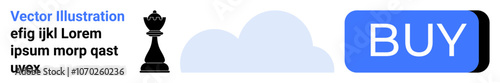 Chess piece, text, clouds, and a blue BUY button. Ideal for digital marketing, e-commerce, strategic planning, online advertisements, learning, minimalistic design, and call-to-action. Landing page