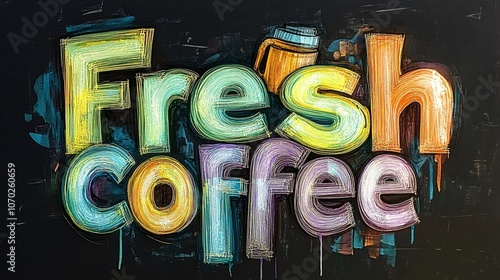 A art graffiti style picture with a cup of coffee and colorful text 