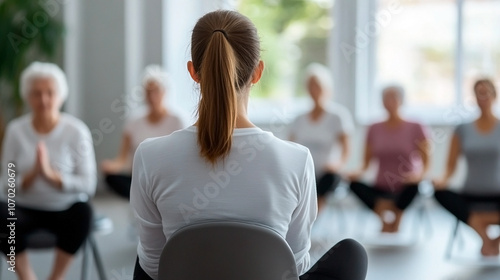A yoga teacher sitting on her back next to a group of elderly ladies doing yoga sitting on small chairs
