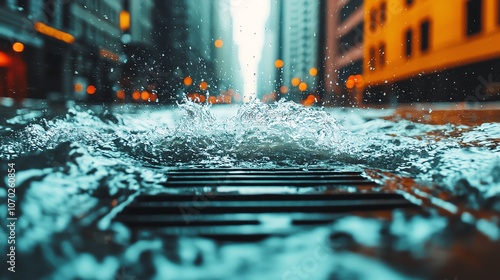 A powerful flood bursting through city drainage systems, with water shooting up from manholes, urban flash flood, city infrastructure under strain photo