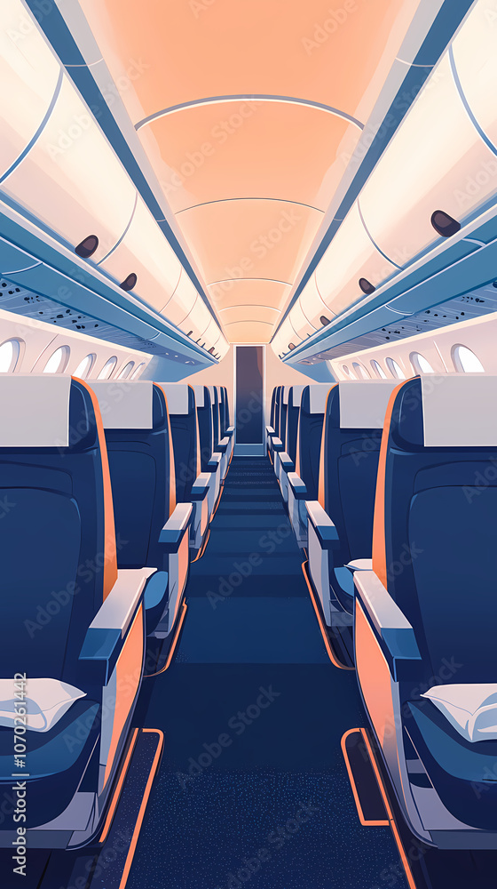 Fototapeta premium Airplane cabin, front view, blue seats with white turban pieces, dark blue carpet, bright and warm, flat illustration, flat colors. The overall tone of the picture is warm white.