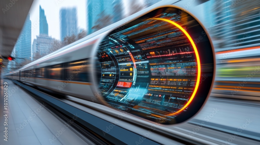 A high-speed train racing through a modern cityscape during a blurred motion moment in the early evening A high-speed train racing through a modern cityscape during a blurred motion moment in the early evening
